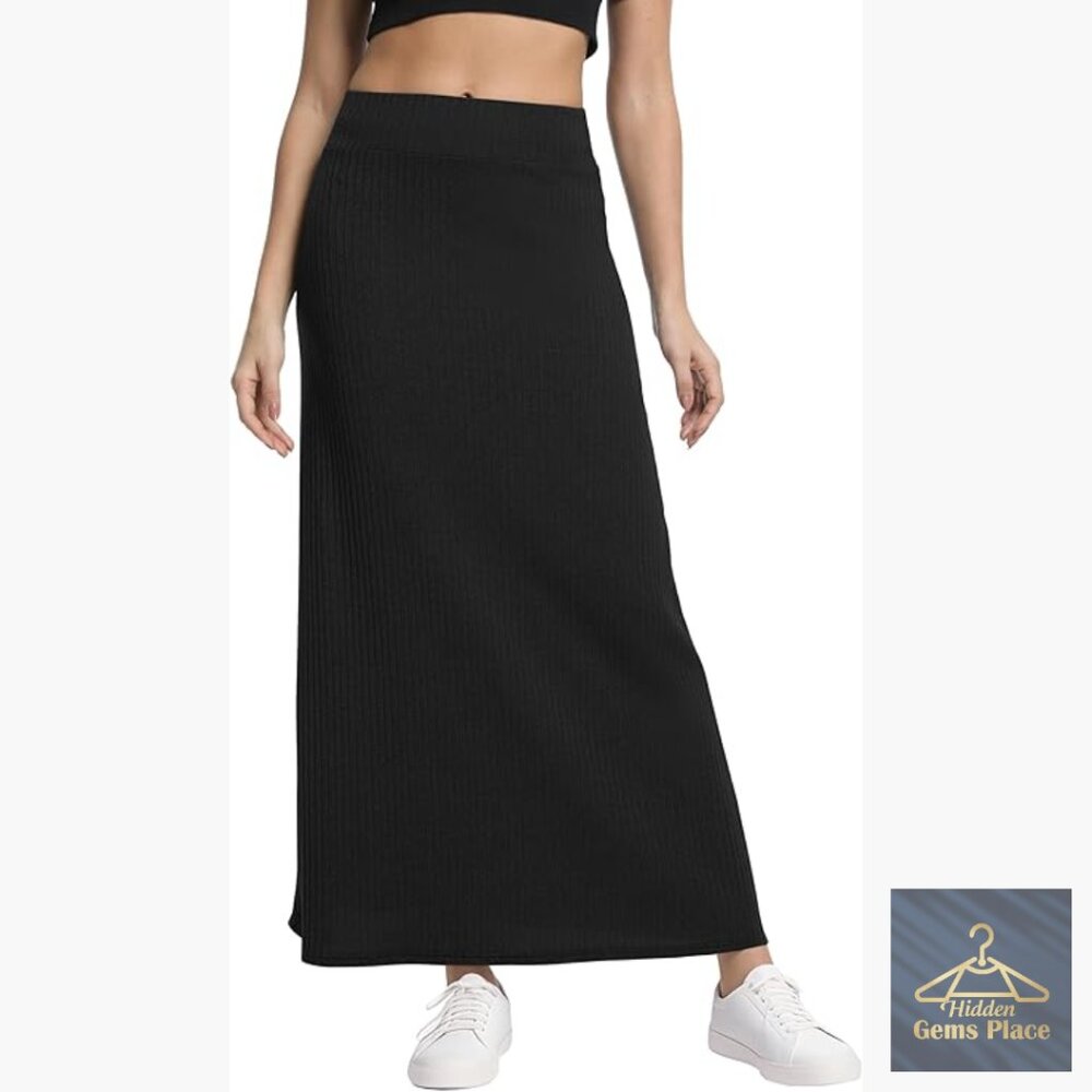 High Waist A-Line Maxi Skirt Ribbed Knit Long Casual Comfort